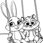 Bunny and raccoon on a rainbow swing