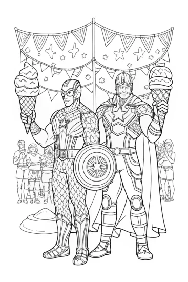A coloring page of Avengers at the ice cream festival