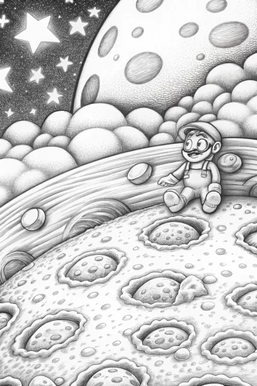 A coloring page of Luigi baking on the moon