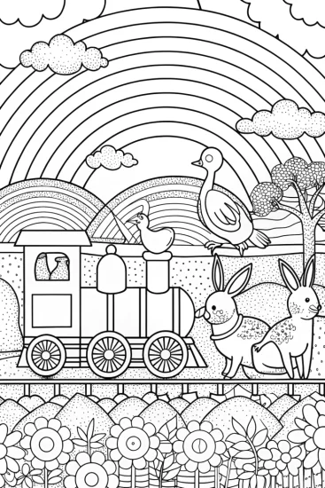 A coloring page of Rainbow train journey with animals