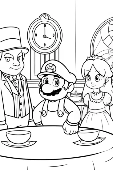 A coloring page of Mario at a time travel tea party
