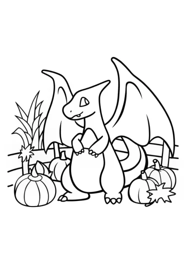 A coloring page of Charizard at the harvest festival