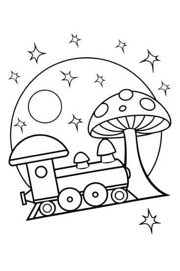 A coloring page of Mushrooms on a cosmic train