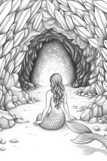 A coloring page of Mermaid gazing in a crystal cave