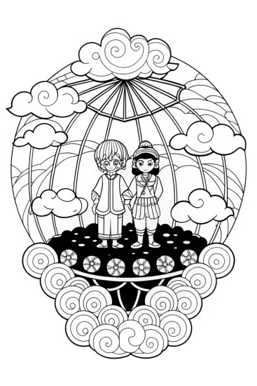 A coloring page of Anime characters on a floating island