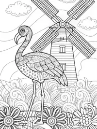 Flamingo in a colorful windmill