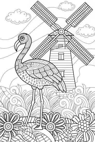 A coloring page of Flamingo in a colorful windmill