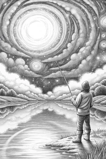 A coloring page of Fisherman on a cosmic lake