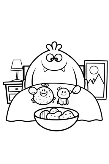 A coloring page of Monster hosting a sleepover