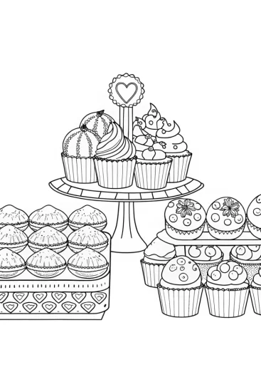 A coloring page of Nina’s whimsical bakery treats