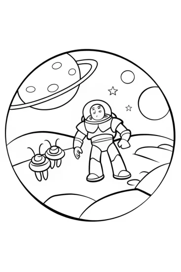 A coloring page of Buzz Lightyear rescuing alien wildlife