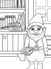 Gnome librarian organizing books