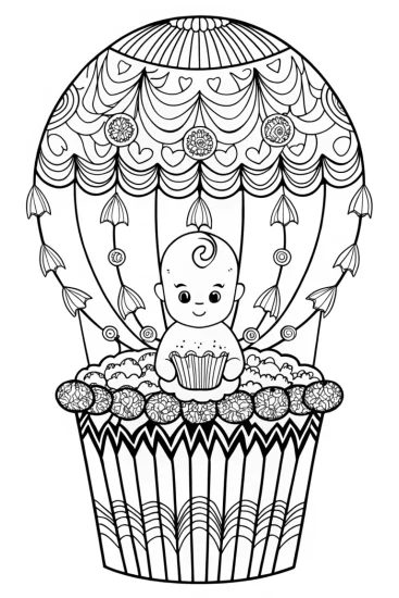 A coloring page of Baby in a cupcake hot air balloon