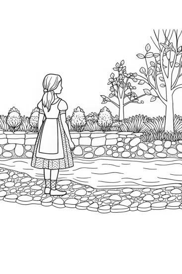 A coloring page of Alice by the riddling river