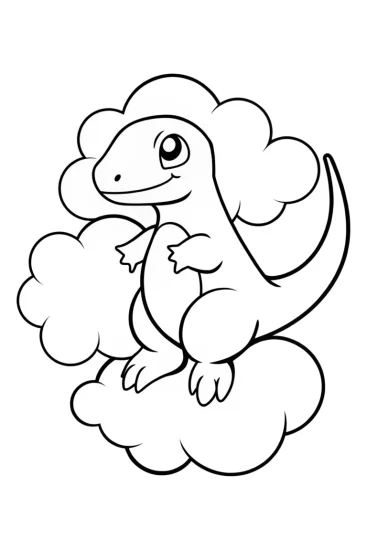 A coloring page of Charmander riding a fluffy cloud