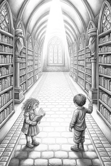 A coloring page of Children exploring a magical library