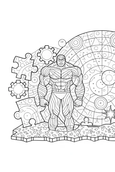 A coloring page of Hulk assembling a cosmic puzzle