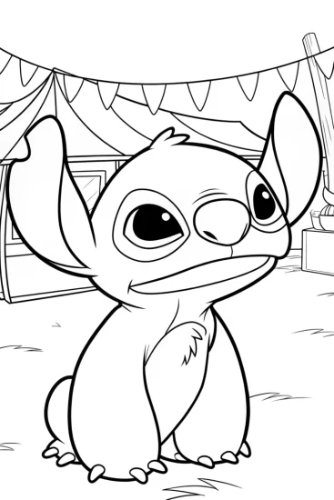 A coloring page of Stitch at the fabric festival