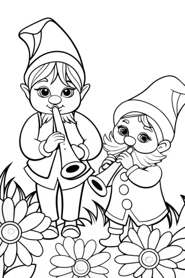 A coloring page of Gnomes playing flower instruments