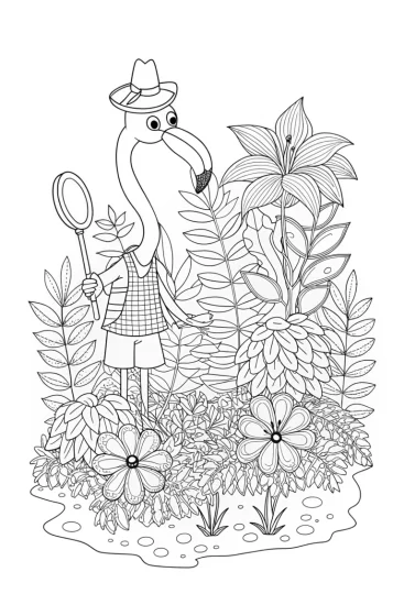 A coloring page of Flamingo detective in a garden