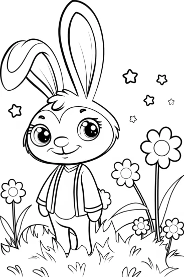 A coloring page of Space bunny in a magical garden