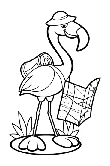 A coloring page of Flamingo adventurer with a map