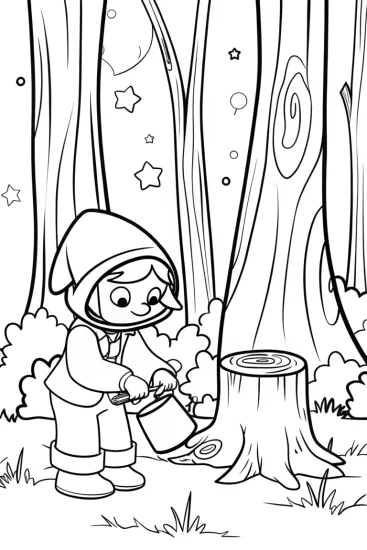 A coloring page of Gnome sculpting in a celestial forest