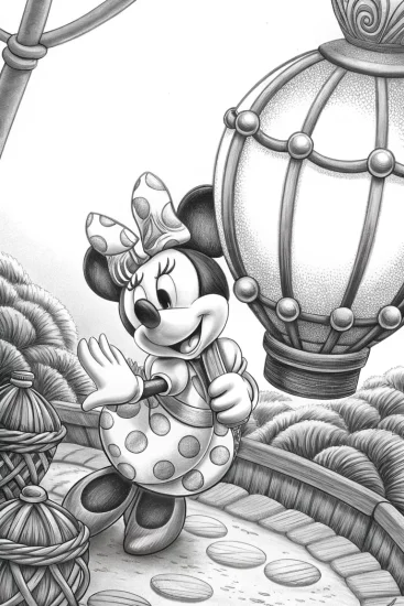A coloring page of Minnie Mouse’s lantern adventure