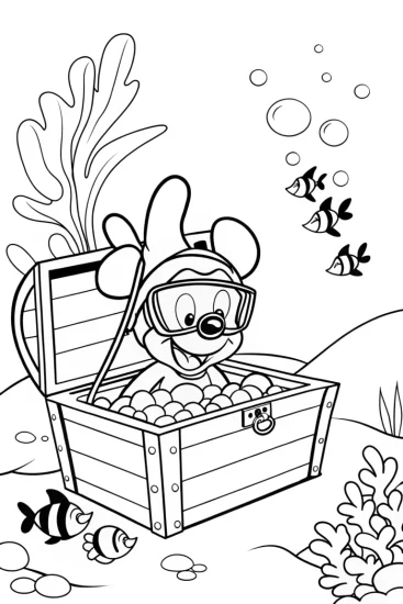 A coloring page of Mickey Mouse’s undersea treasure hunt