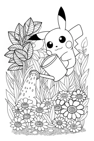 A coloring page of Pikachu watering alien plants