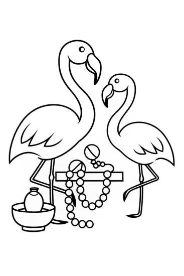 A coloring page of Flamingos crafting jewelry