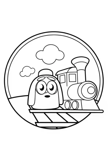 A coloring page of Bluey and Bingo’s time travel train