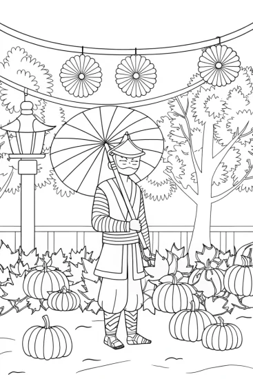 A coloring page of Ninja at the harvest festival