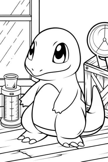 A coloring page of Charmander at the weather station