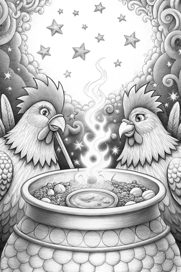 A coloring page of Chickens crafting a magical potion