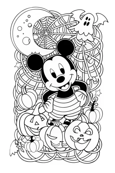 A coloring page of Mickey Mouse navigating a Halloween maze