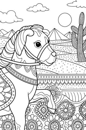 A coloring page of Puppy riding a horse in the desert