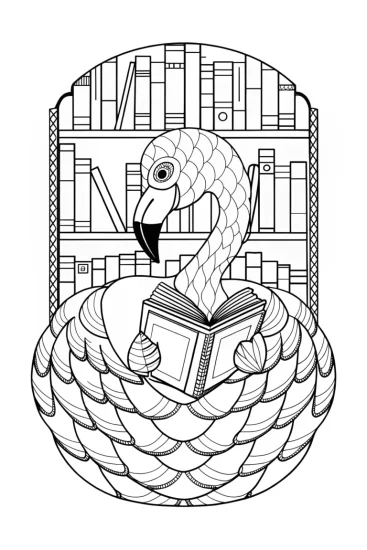 A coloring page of Flamingo librarian reading a book