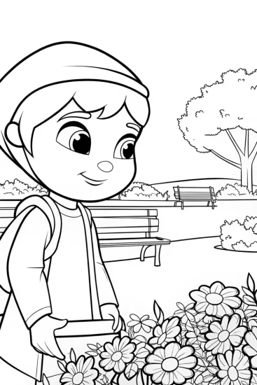 A coloring page of Banban solving puzzles in a garden
