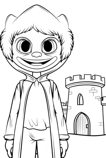 A coloring page of Huggy Wuggy at the poppy castle