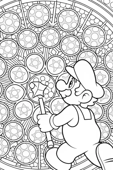 A coloring page of Luigi catching magical bubbles