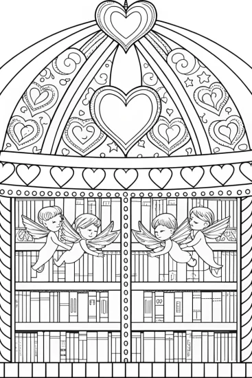 A coloring page of Cupids flying in a heart library