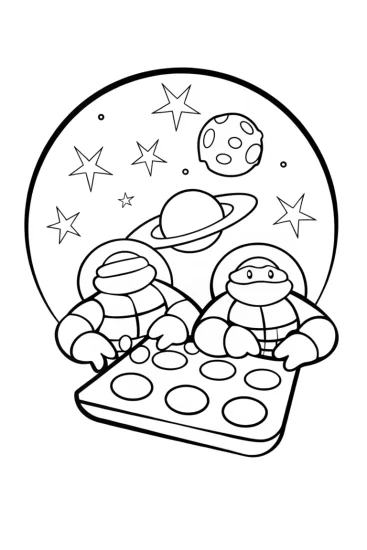 A coloring page of TMNT baking contest in space