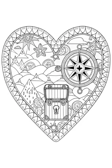 A coloring page of Heart-shaped treasure map