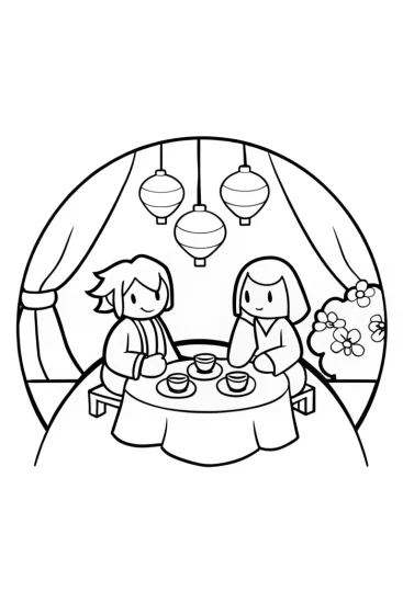 A coloring page of Demon Slayer tea party