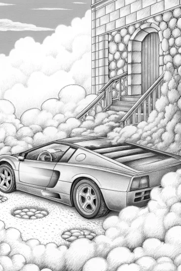A coloring page of Lamborghini in the cloud castle