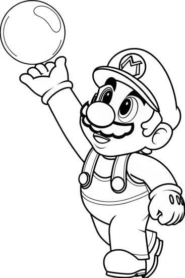 A coloring page of Mario reaching for a bubble