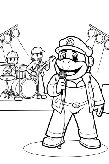 A coloring page of Bowser leads a rock band
