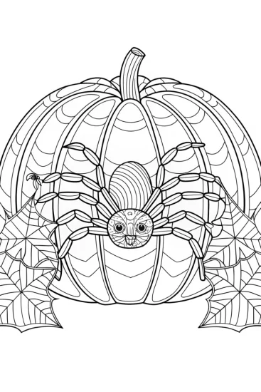 A coloring page of Spider exploring a giant pumpkin