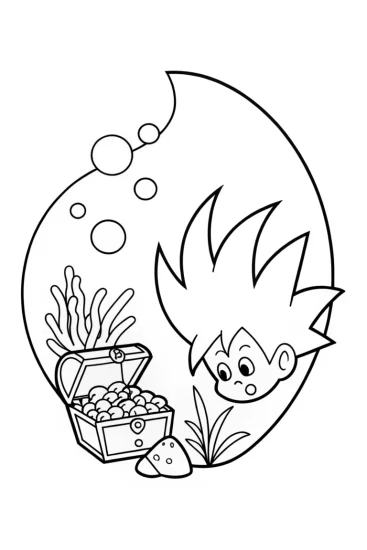 A coloring page of Goku exploring underwater treasures